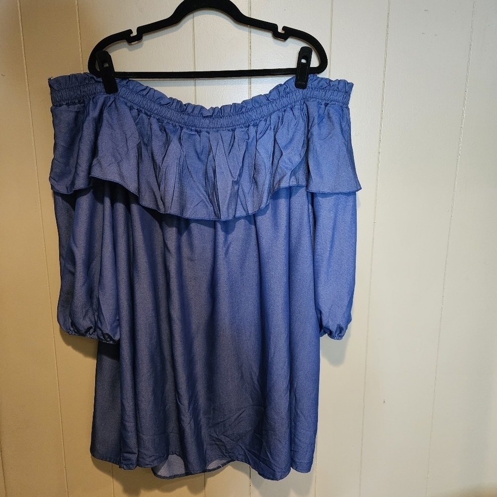 Ashley Stewart Off-the-Shoulder Blue Ruffle Top, Plus-Size 30/32, Flowy